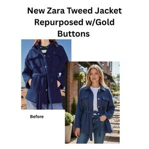 Zara Blue Tweed Belted Jacket Gold Crest Buttons Shacket Size L Large Womens